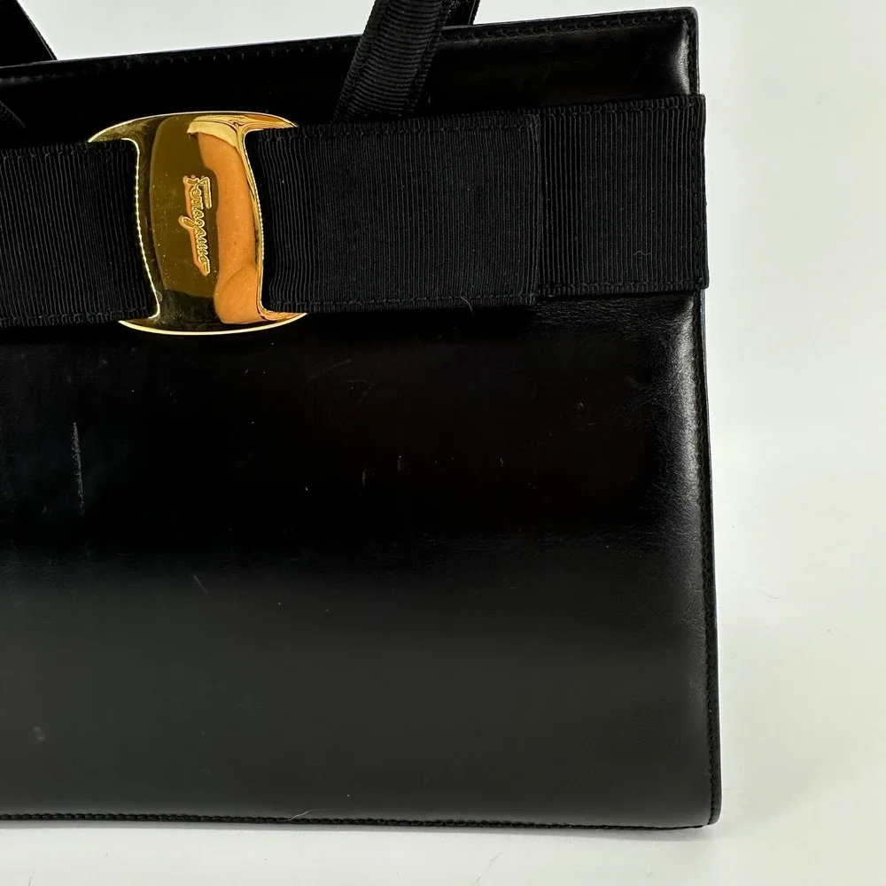 Salvatore Ferragamo Vintage Vara Ribbon Top Handle Bag Black Calfskin AQ-214178
